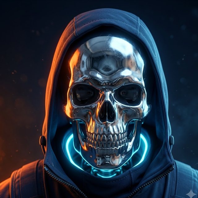 A dark avatar showing a chrome skull with cold rim light along its outline