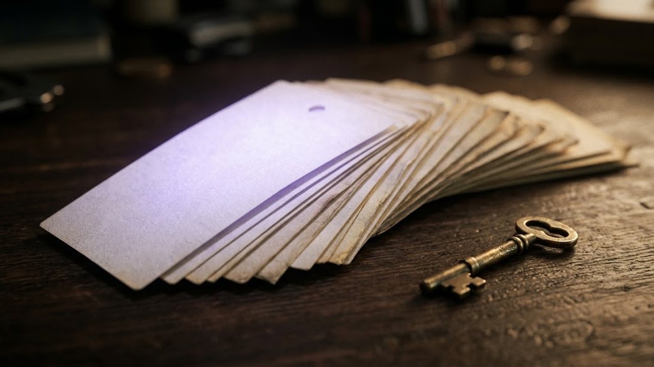 A fan of faded blank paper name tags on a dark desk, the top one fresh and glowing violet, a small brass key beside them