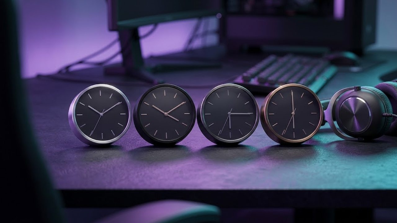 Four small analog desk clocks in a row showing different times, a gaming headset resting beside them