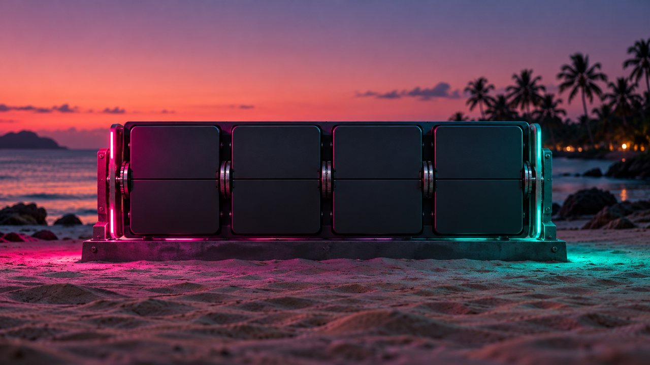 GTA 6 countdown: a blank flip-clock counter on a beach at dusk under pink and teal neon light