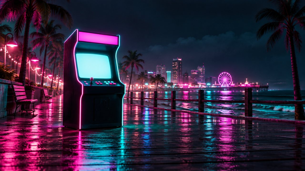 GTA quiz: a neon-lit arcade cabinet with a blank glowing screen on a Florida boardwalk at night