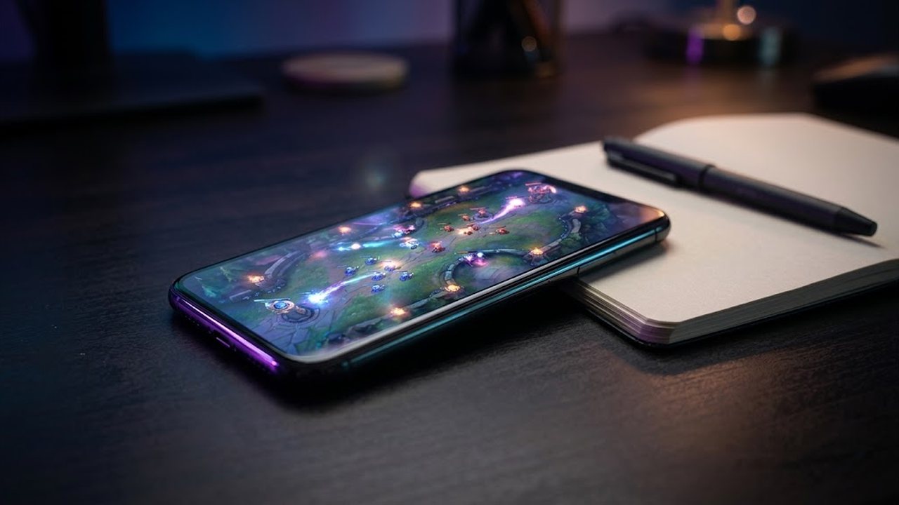 Smartphone on a dark desk showing a glowing three-lane battle arena from above, a notebook and pen beside it