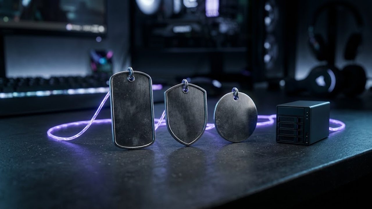Three blank metal dog tags on a dark desk, joined by a thin glowing violet cable to a small black box