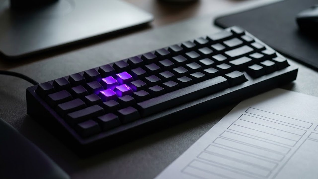 Dark compact keyboard where four keys glow violet, a sheet with blank ruled boxes beside it