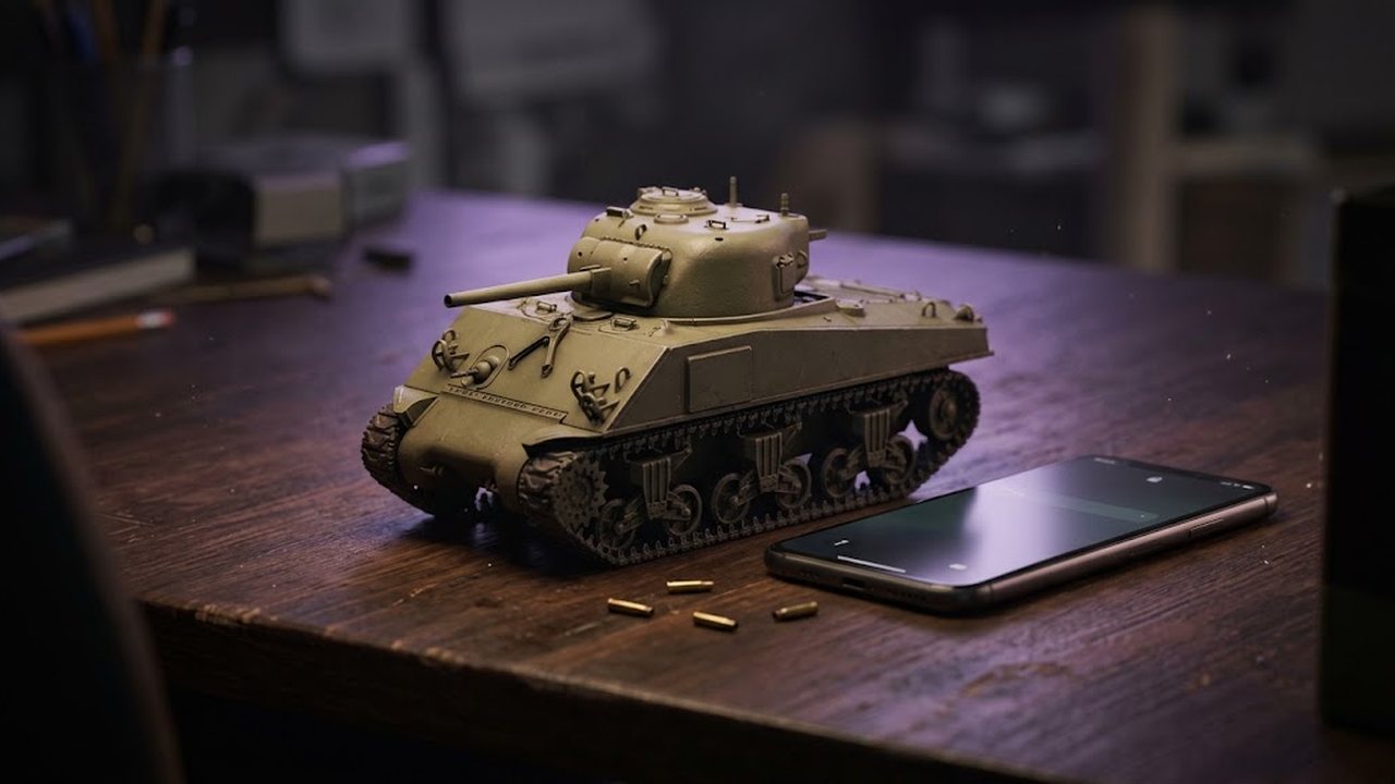 Detailed miniature olive tank model on a dark wooden desk next to a smartphone, a few small brass shell casings nearby
