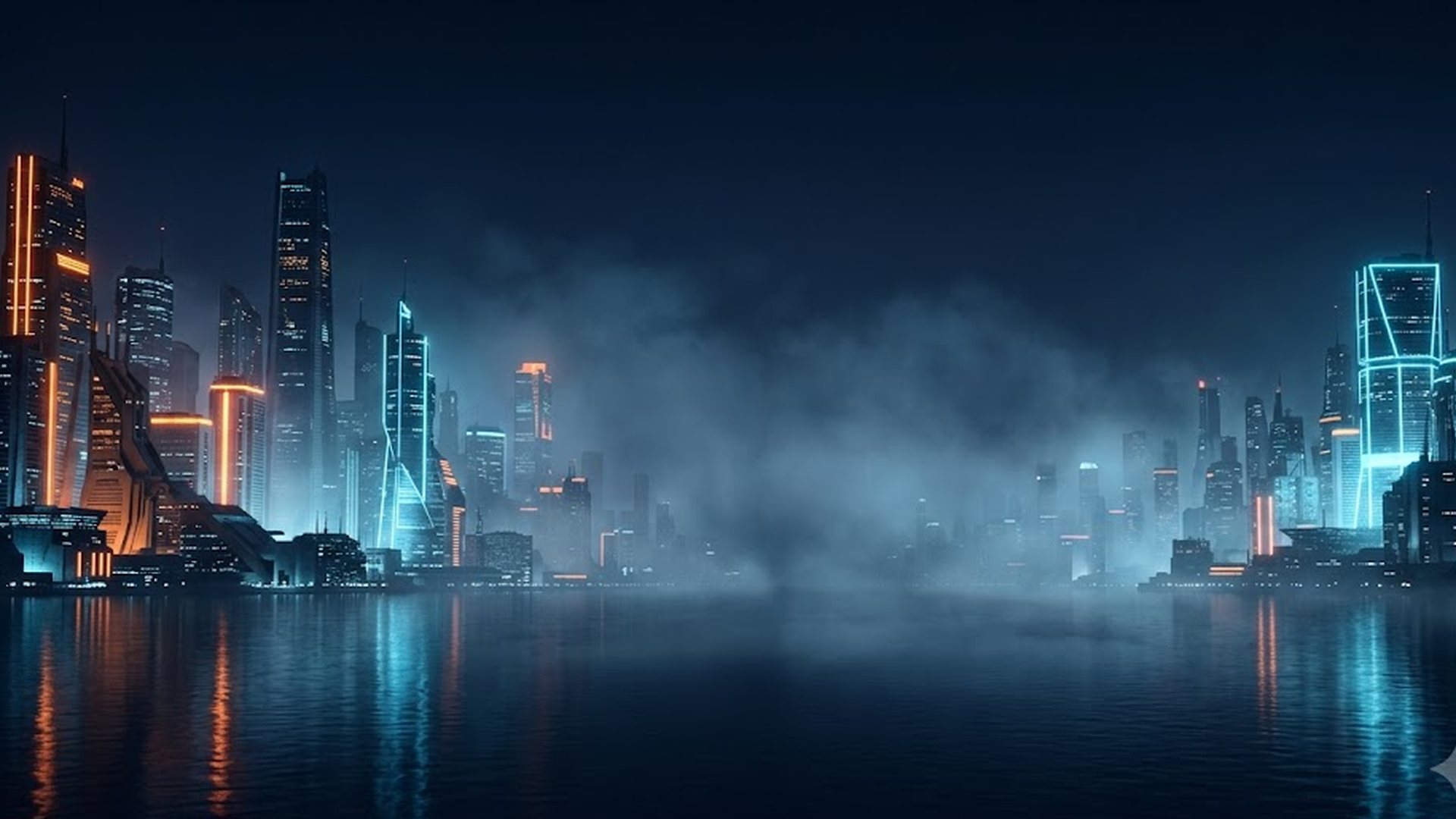 A dark desktop wallpaper with a night skyline and a calm centre of frame